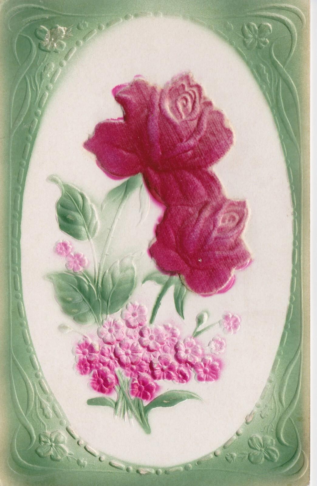 Antique Embossed Applique Greeting Postcard Fabric Roses Airbrush double backed