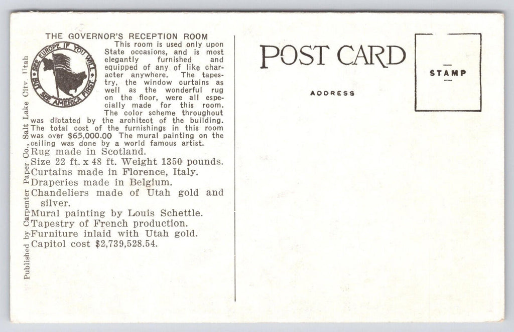 Postcard Govenor's Reception Room Utah State Capitol Salt Lake City 15573 UNP