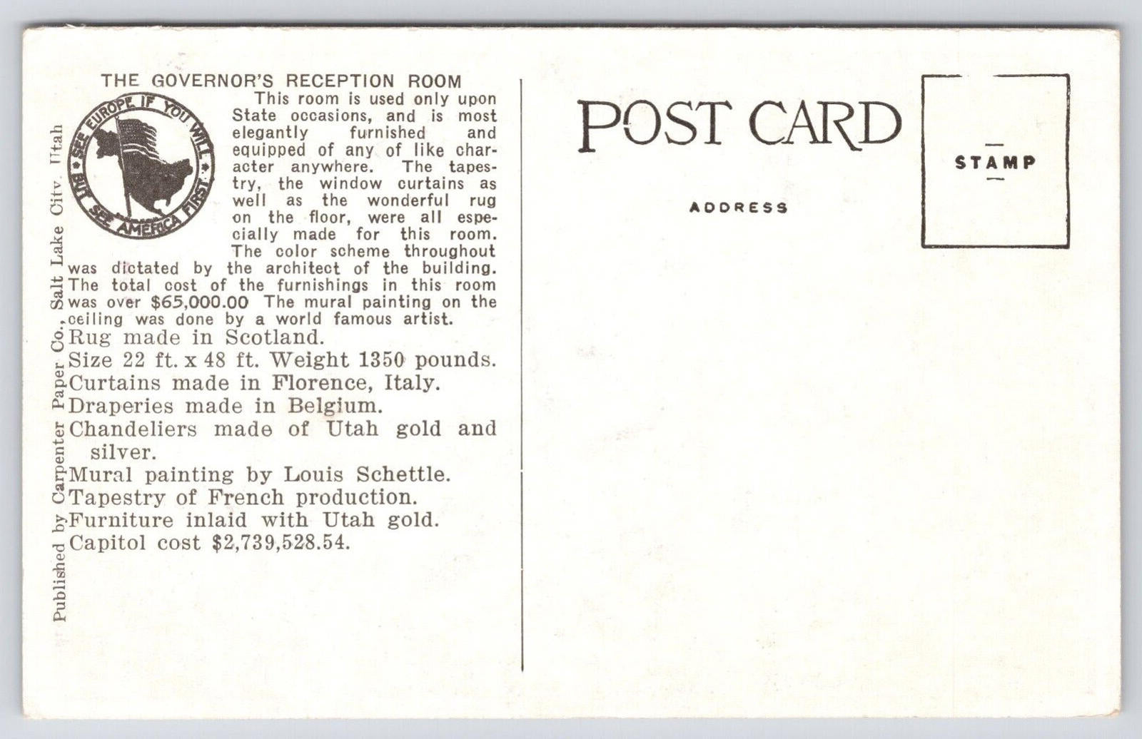 Postcard Govenor's Reception Room Utah State Capitol Salt Lake City 15573 UNP