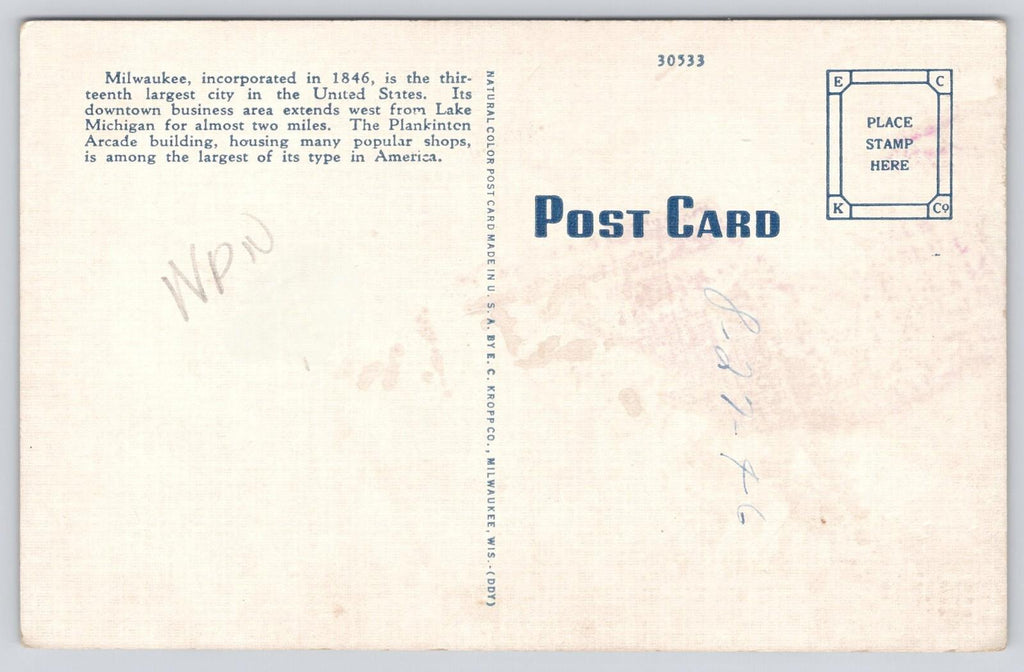 Postcard Plankinton Arcade 30533 Housing Many Shops Milwaukee Wis EC Kropp 1946