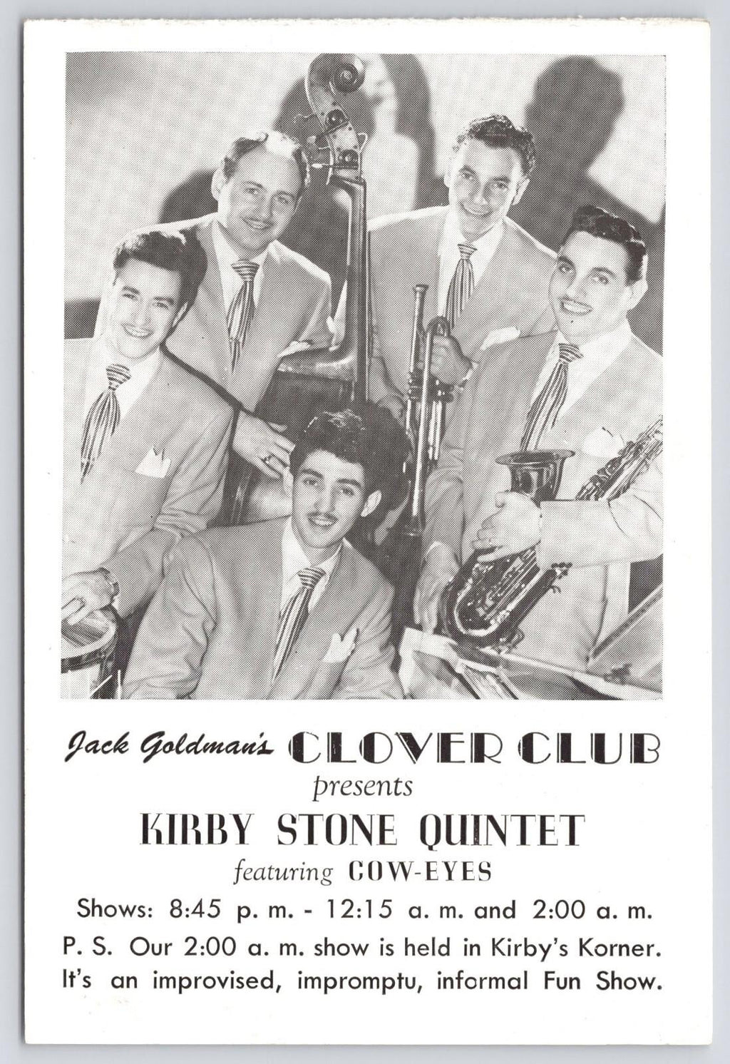 Postcard Kirby Stone Quintet Jack Goldman's Clover Club Miami Korner Cow-Eyes