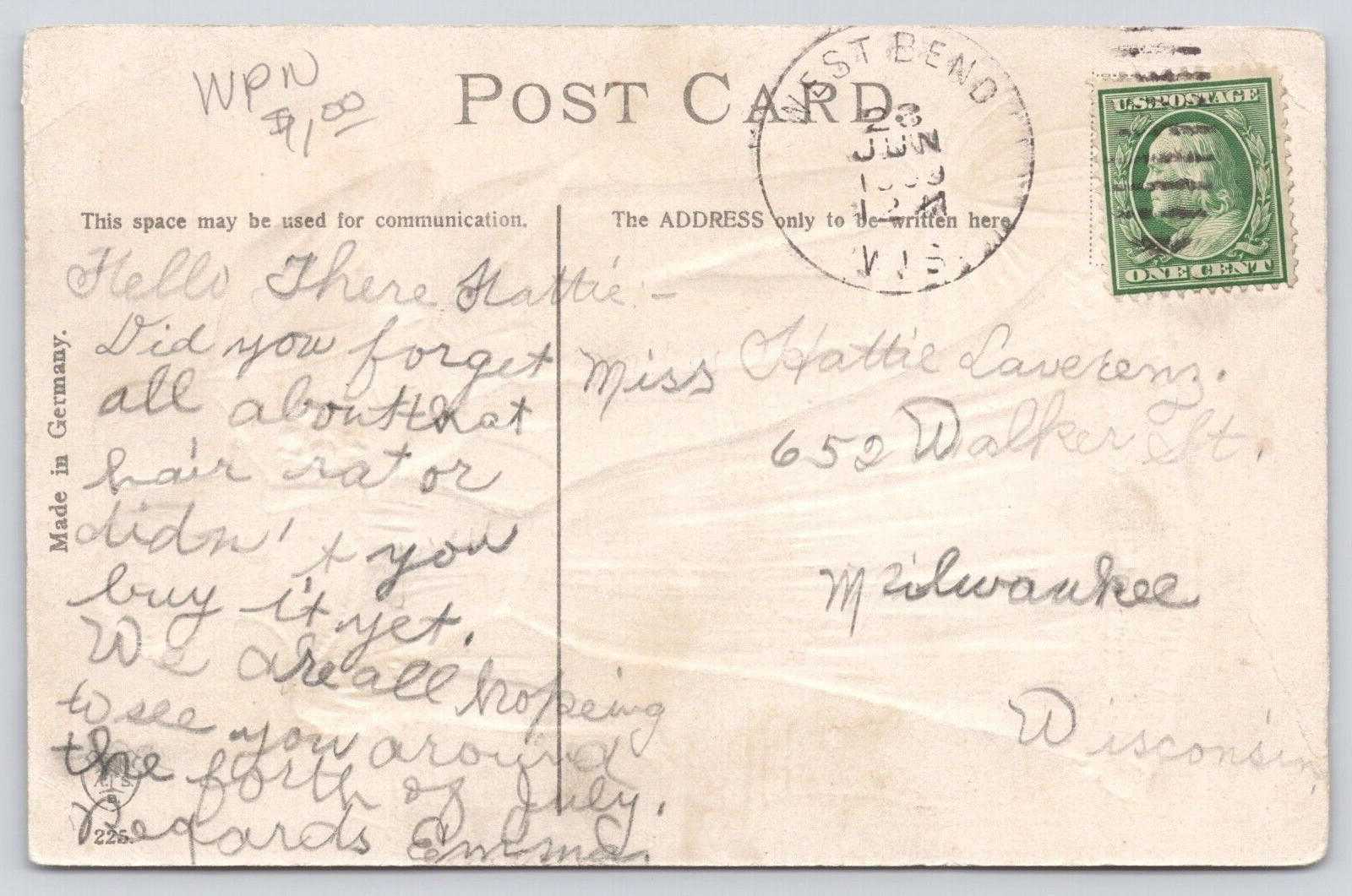 Postcard Do You Remember The Garden of Roses PM West Bend Jun 23 1909