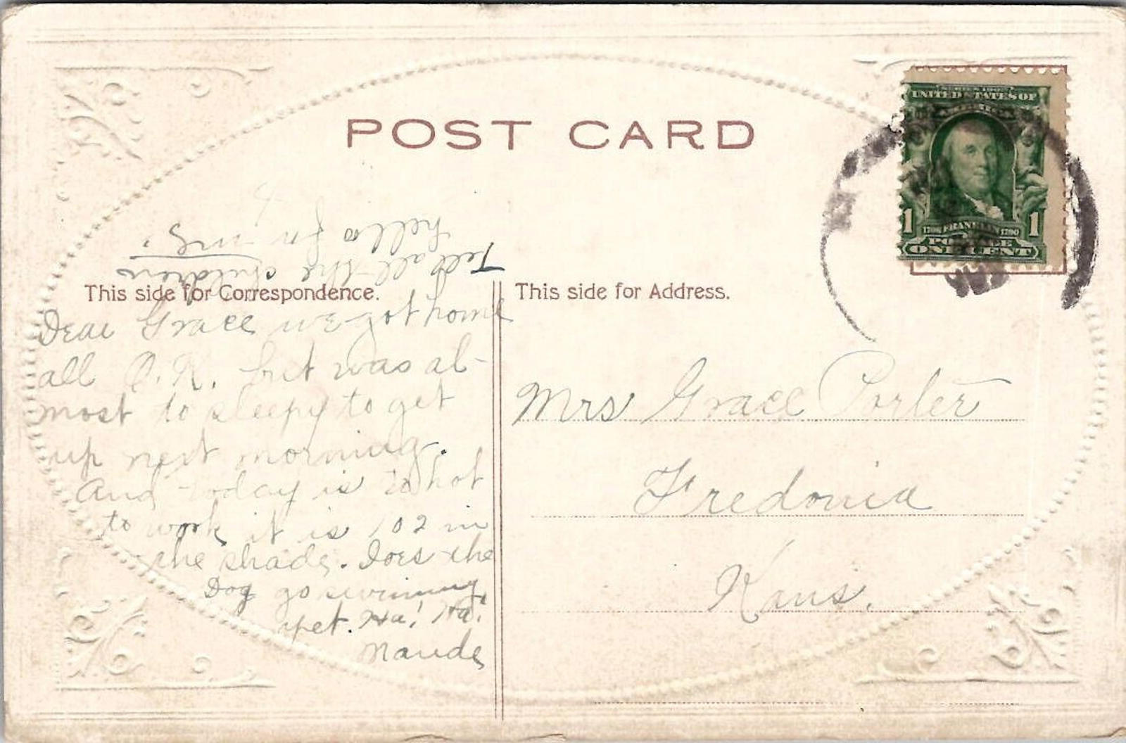 Gold Gilded Embossed Oval Framed Sailboat Sloop Postcard Fredonia Kansas Posted