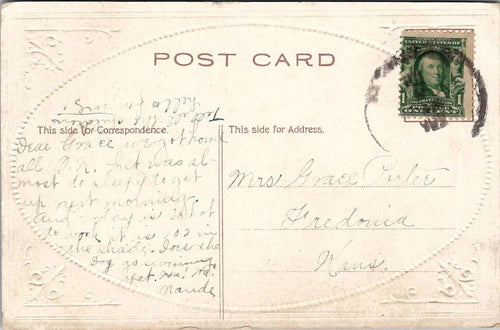 Gold Gilded Embossed Oval Framed Sailboat Sloop Postcard Fredonia Kansas Posted
