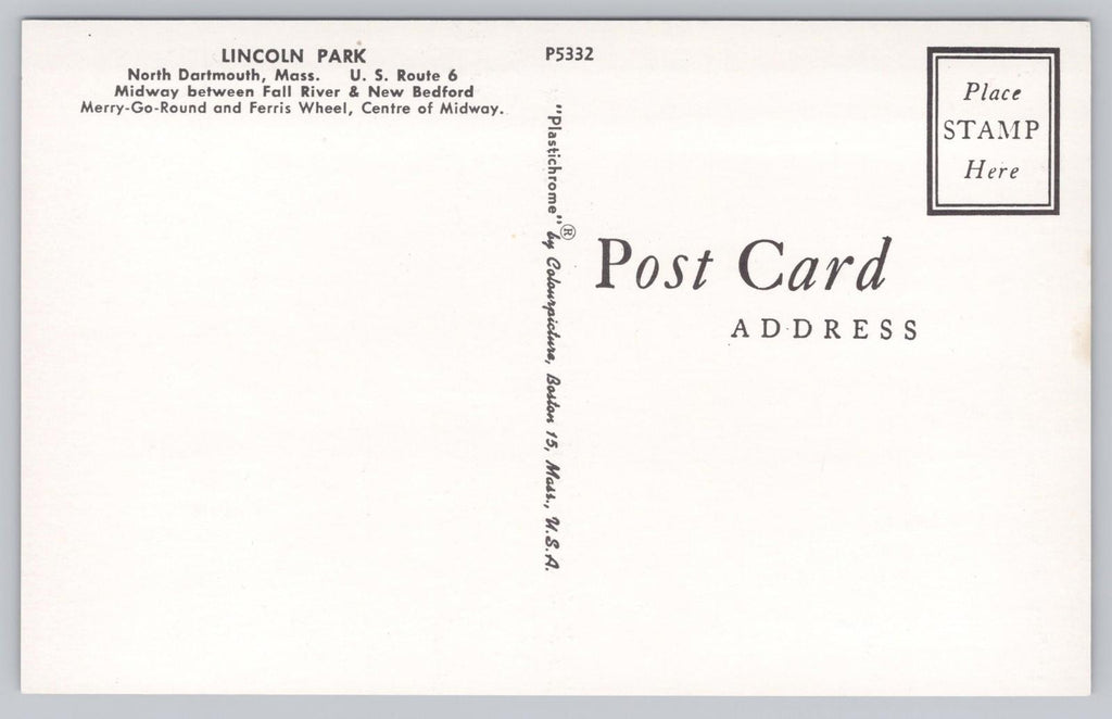 Postcard Lincoln Park North Dartmouth Mass US Route 6 Fall River New Bedford NOS