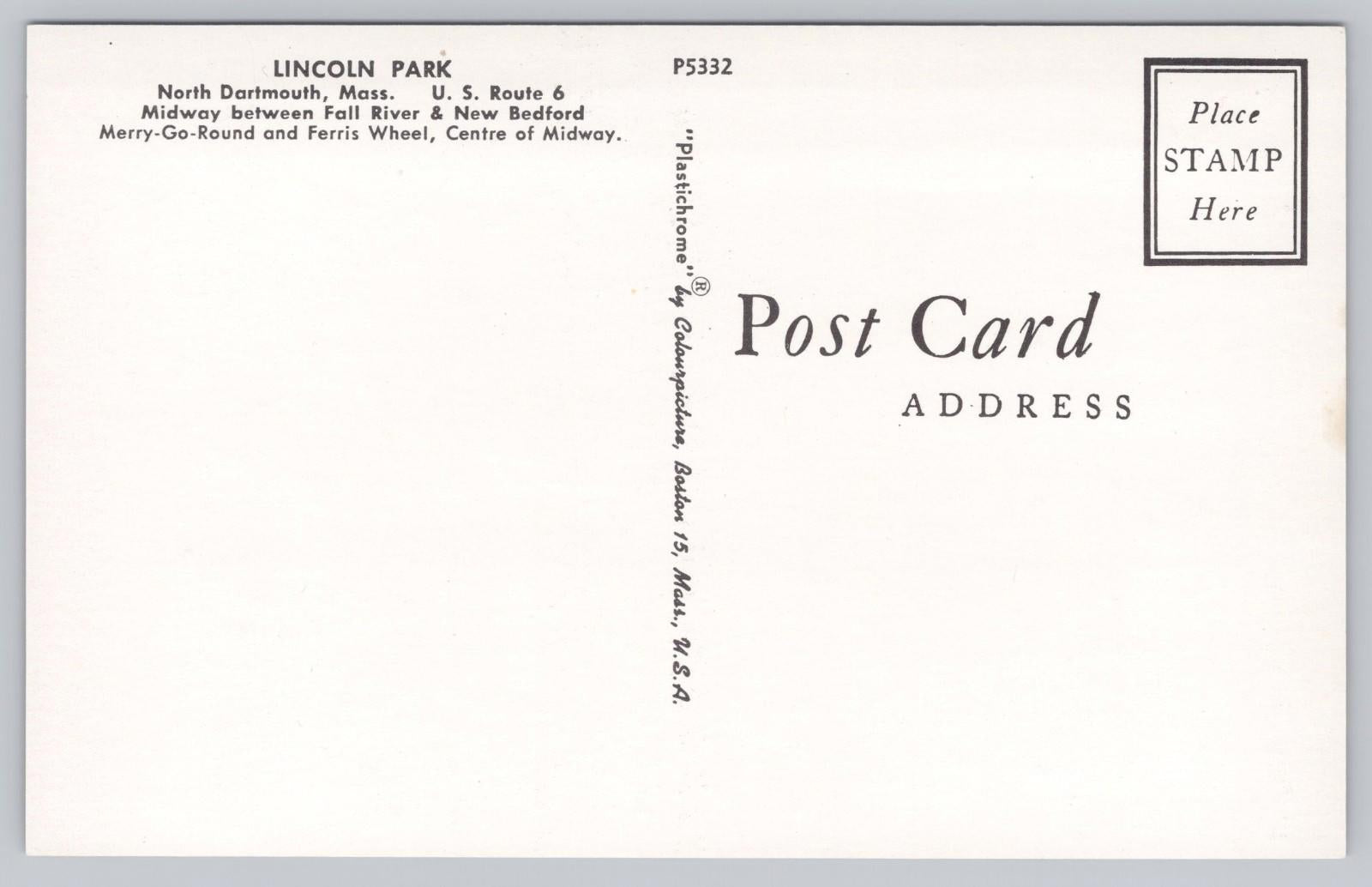 Postcard Lincoln Park North Dartmouth Mass US Route 6 Fall River New Bedford NOS