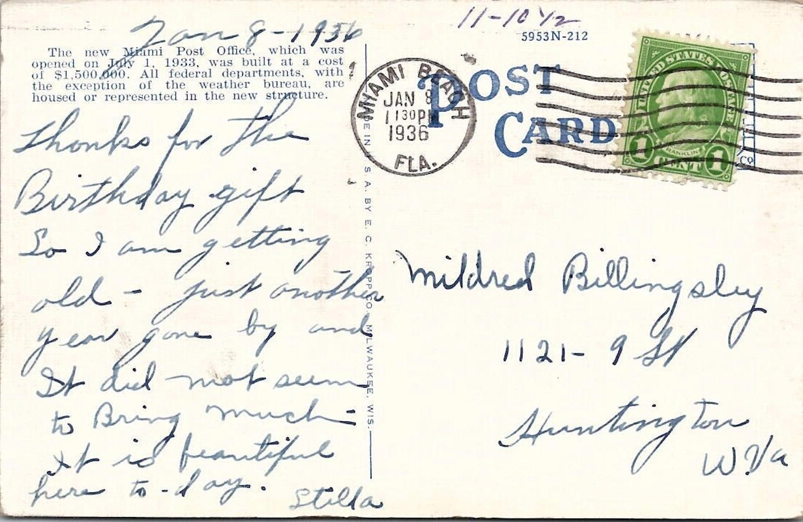 US Post Office Miami Florida 1936 New 1933 Linen Postcard Photo by GW Roemer