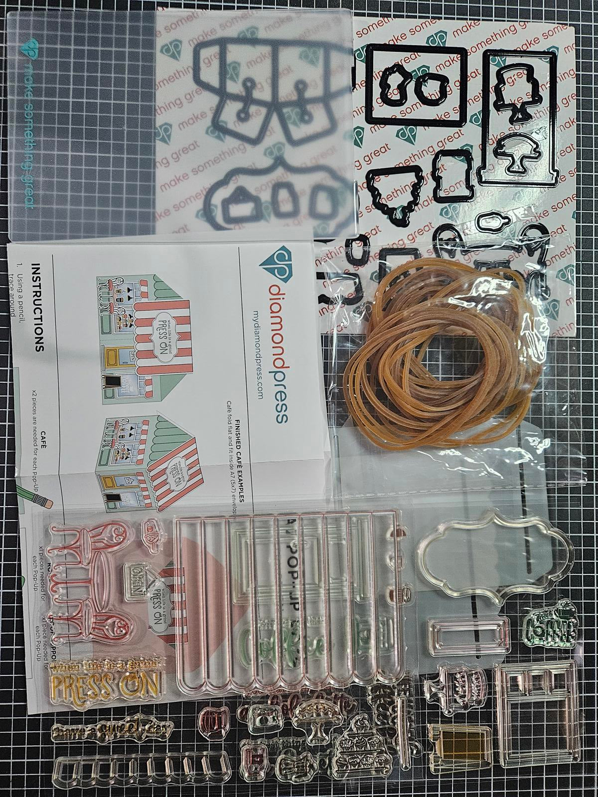 Diamond Press Pop Up Card Crafting Kit Corner Cafe Stamps Dies Form Rubber Bands