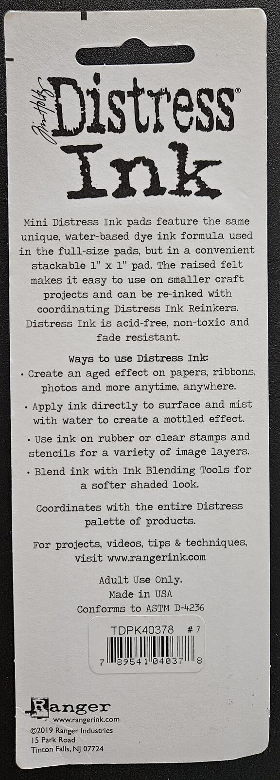Kit #7 Ranger Tim Holtz Distress Ink Mini Set of 4 Pads TDPK40378  789541040378