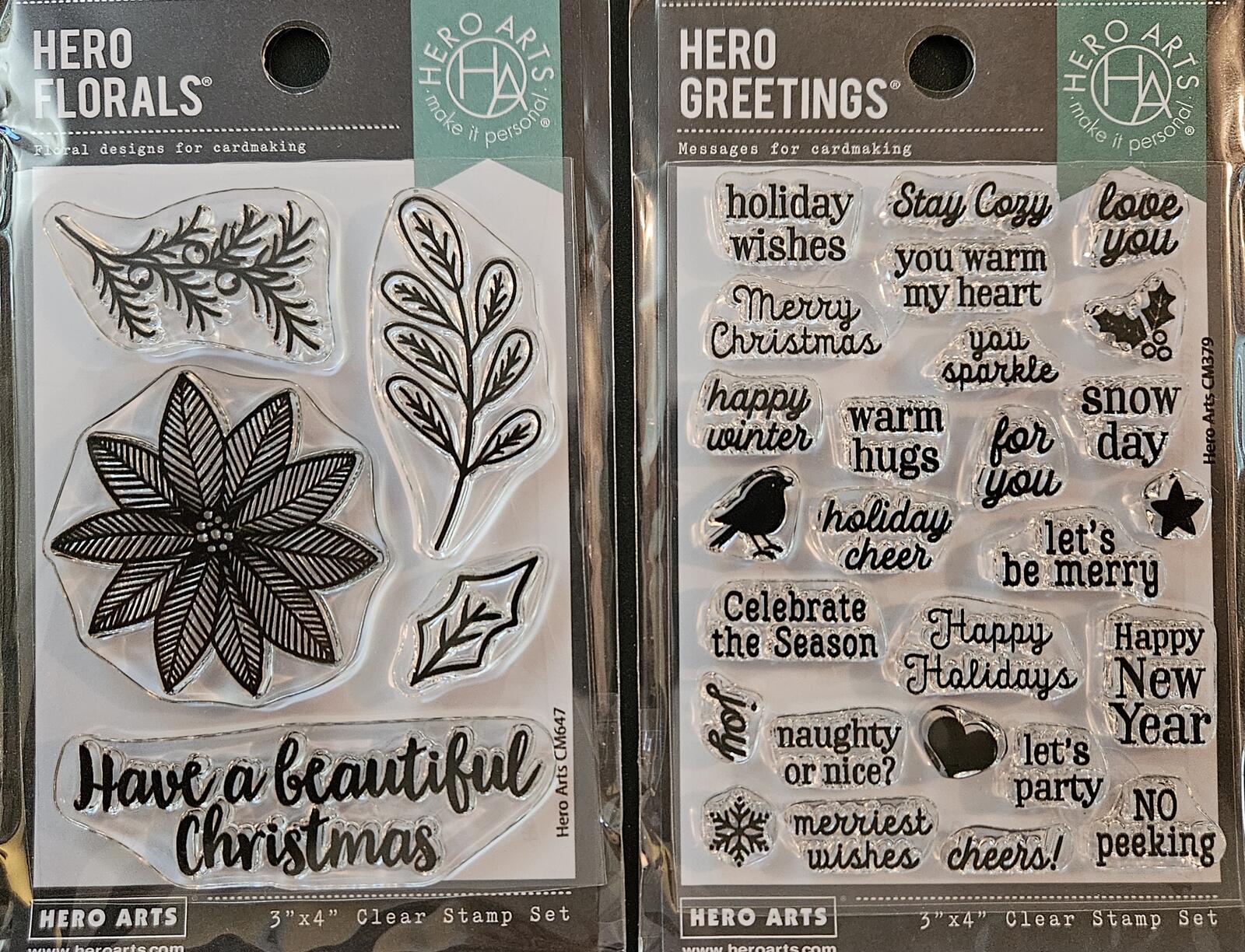 Hero Arts Clear Stamp Set Bundle Poinsettia Arrangement & Greetings Messages New
