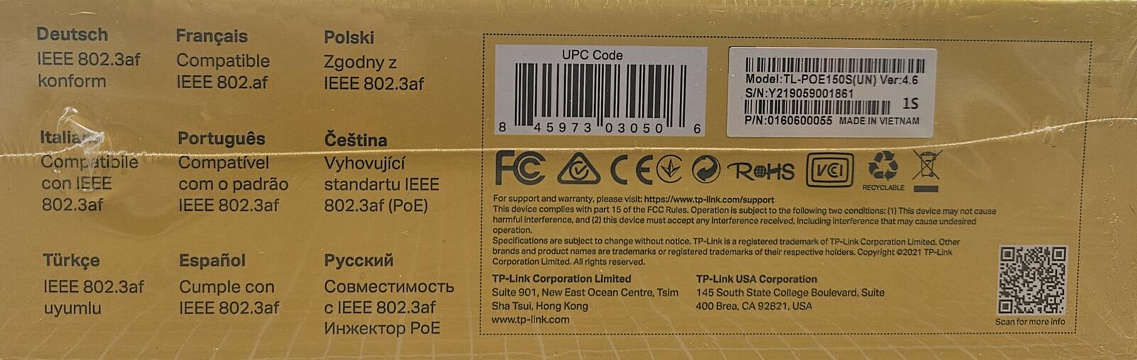 TP-Link TL-POE150S Gigabit PoE Injector 802.3af Plug & Play Sealed 845973030506