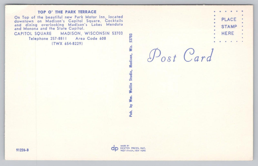 Postcard Top O' Park Terrace Motor Inn Downtown Madison Wisconsin Capital Square