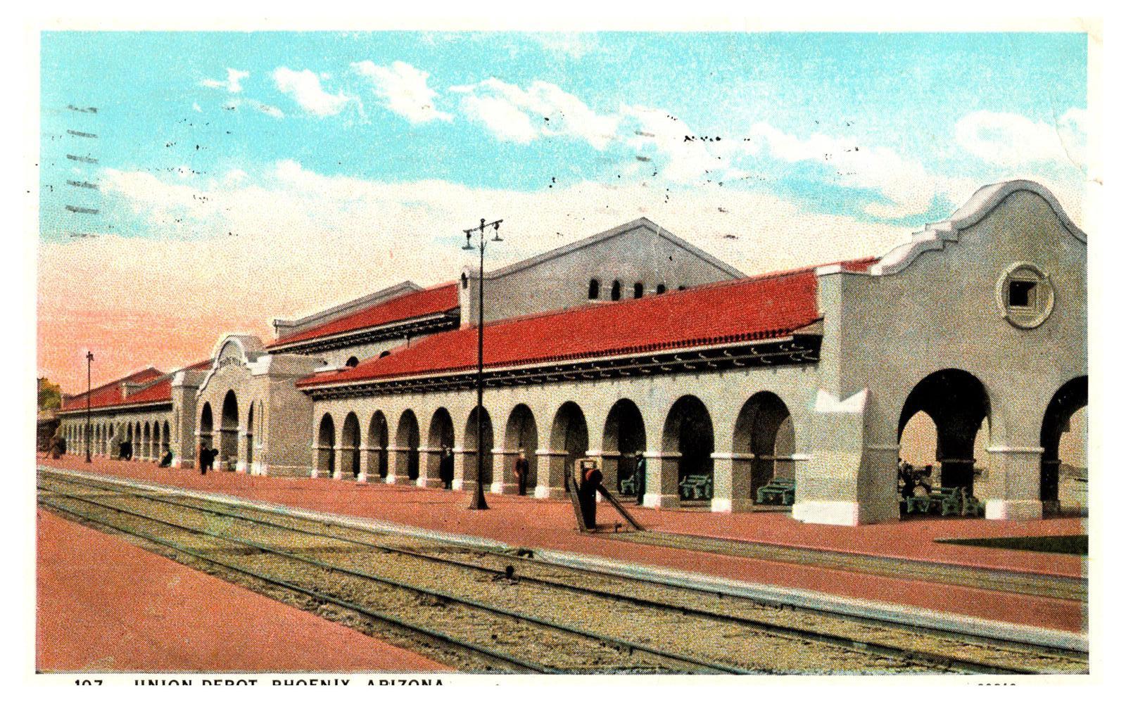 Postcard Linen 1928 Union Depot Phoenix Arizona Central News Publisher