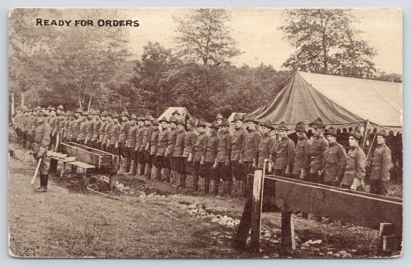 Postcard Ready For Orders Military WWI Era Troops at Attention Formation Kraus