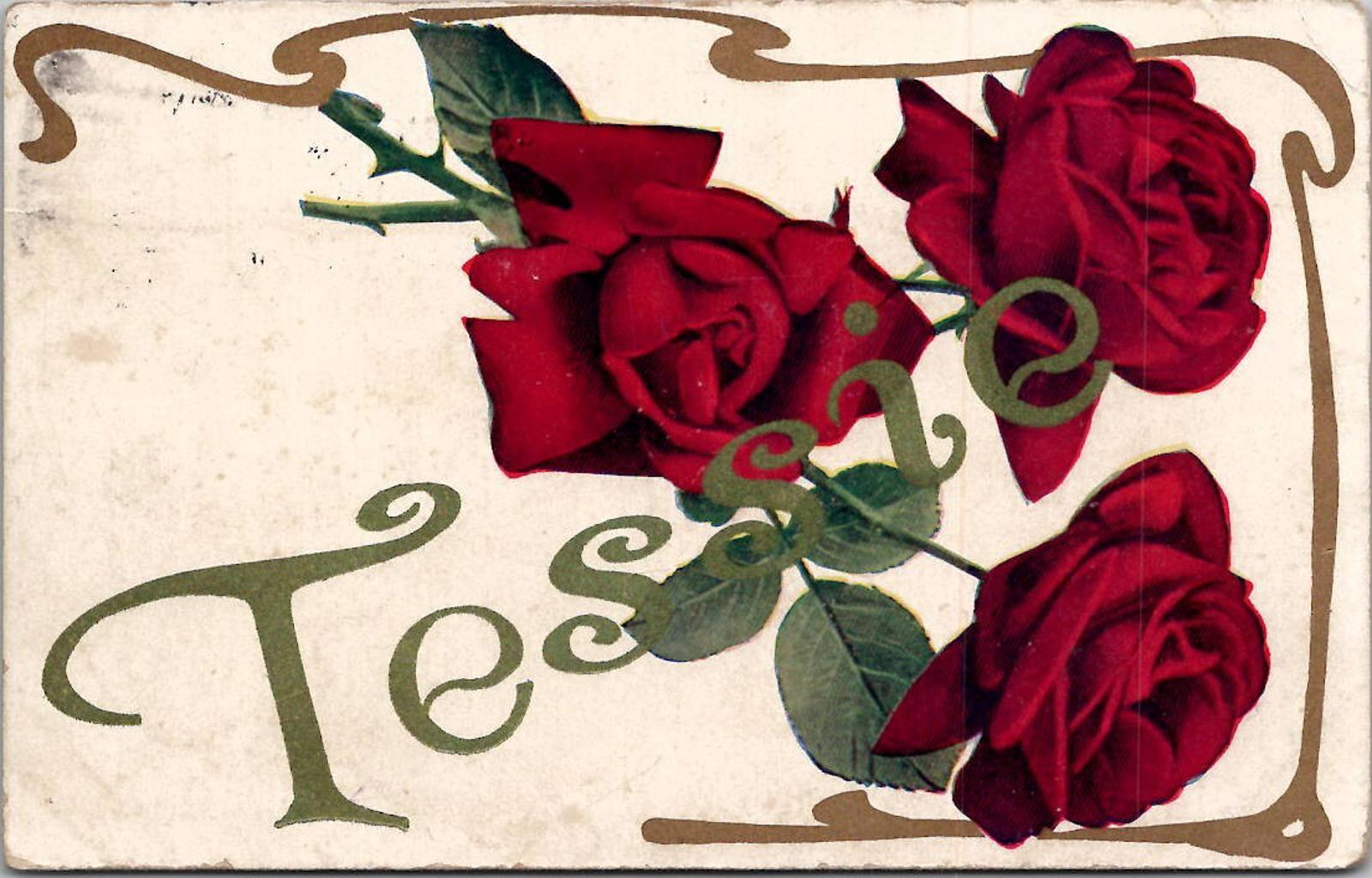 Postcard Tessie Three Red Roses PM Rochester Mich Jan 8 1909