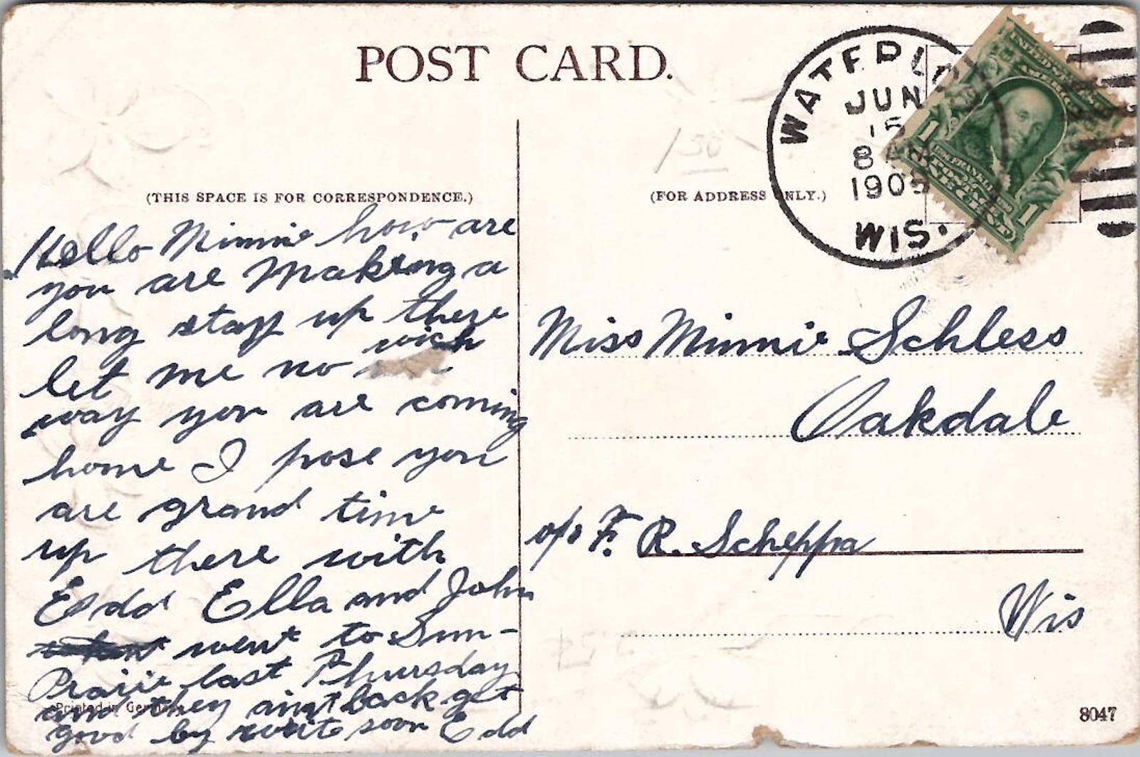 Postcard Many Happy Returns PM 1908 Waterloo Wis