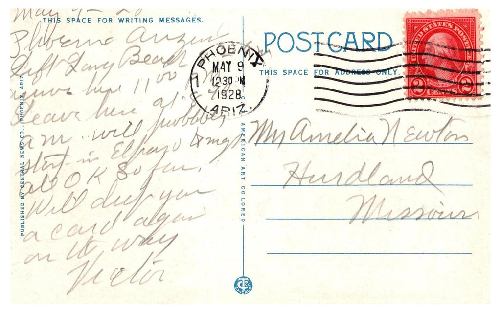 Postcard Linen 1928 Union Depot Phoenix Arizona Central News Publisher