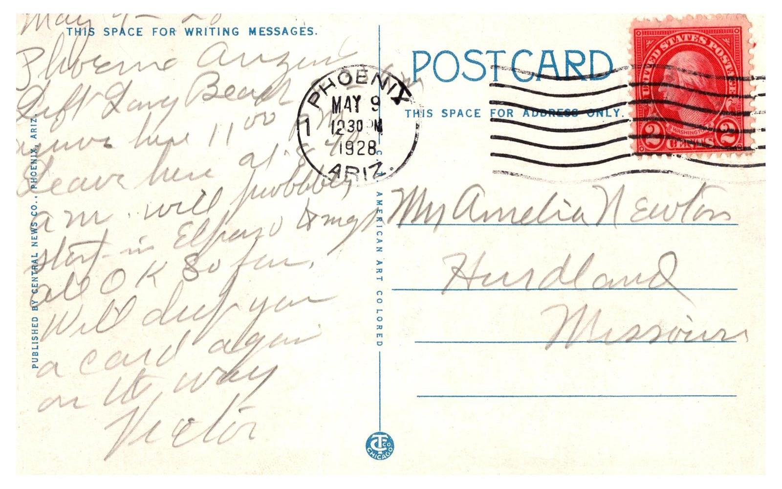 Postcard Linen 1928 Union Depot Phoenix Arizona Central News Publisher