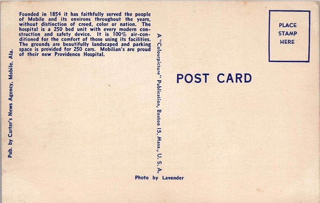 Postcard Providence Hospital Mobile Ala Founded 1854 Colourpicture UNP Linen