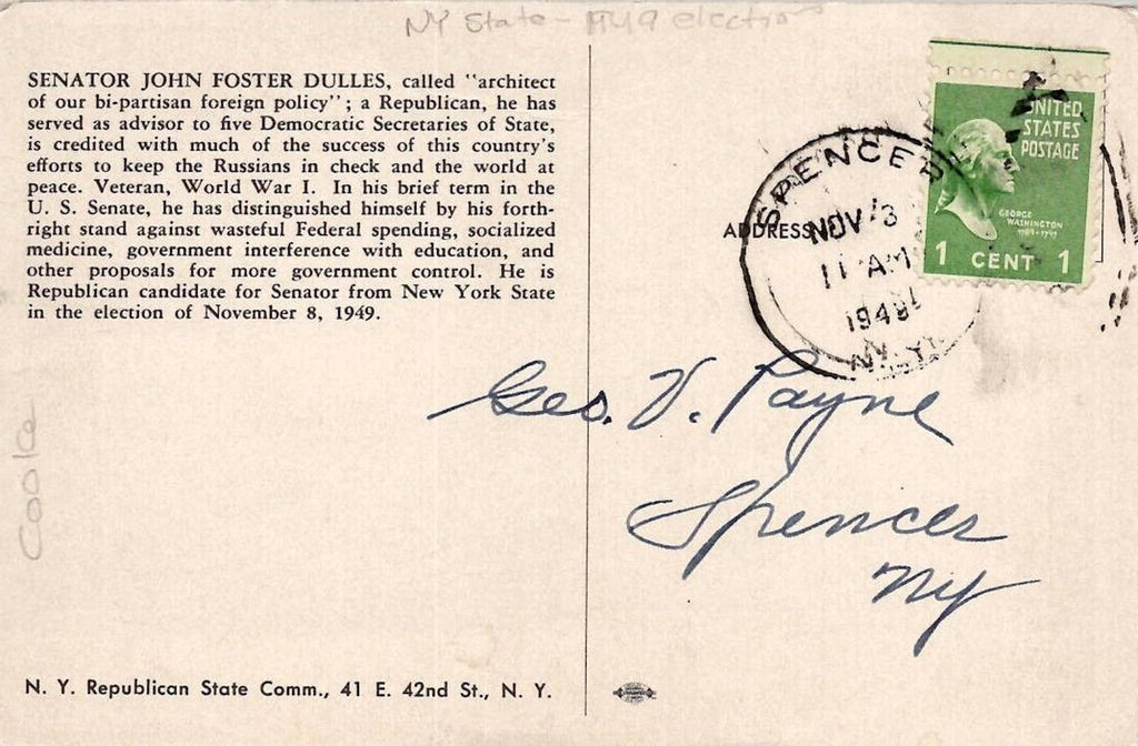 Postcard Senator John Foster Dulles Republican Candidate New York 1949