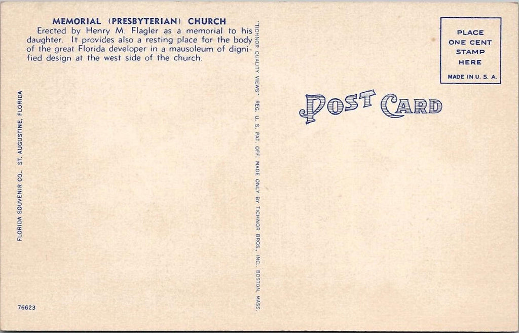 Postcard  Memorial Presbyterian Church St Augustine Florida UNP Linen Tichnor