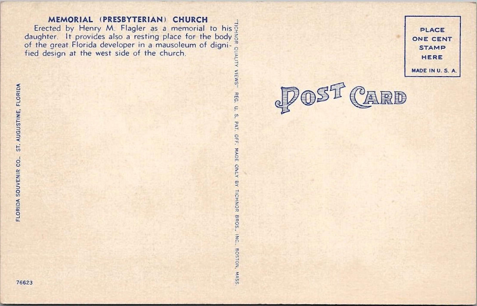 Postcard  Memorial Presbyterian Church St Augustine Florida UNP Linen Tichnor
