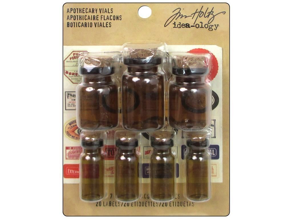 TH93302 Tim Holtz Idea-Ology Corked Glass Vials Apothecary Amber Vintage Labels