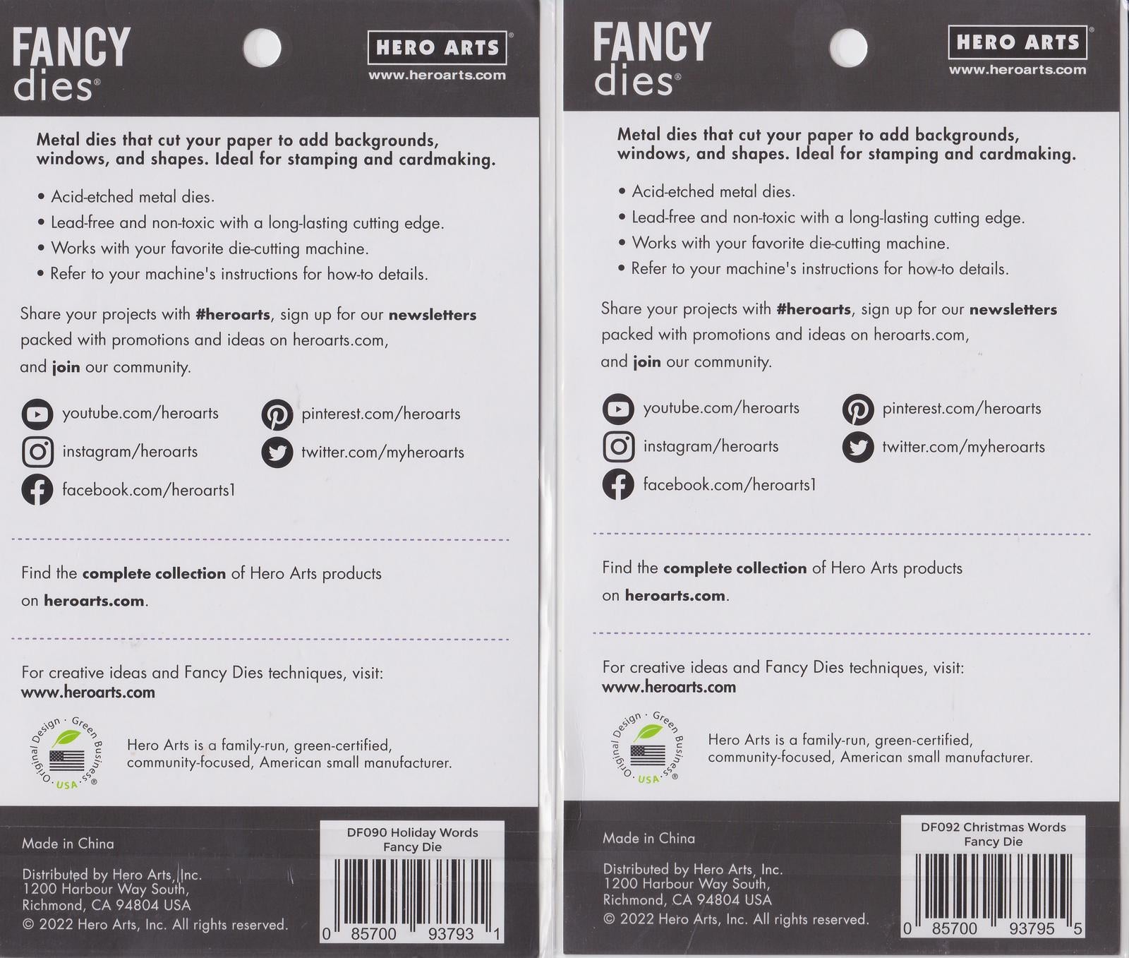 Lot of 2: DF092 Christmas Words & DF090 Holiday Words Fancy Dies Hero Arts Meta
