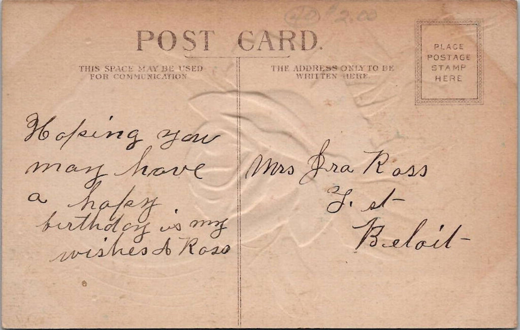 Postcard Birthday To Greet You Embossed Rose Moonlight Boats Seascape UNP