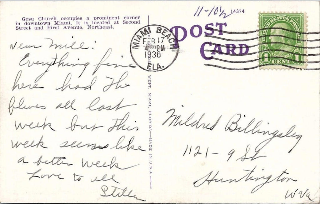 Postcard Interior of Gesu Church Miami Florida KM85 Feb 17 1936 Miami Beach Fla