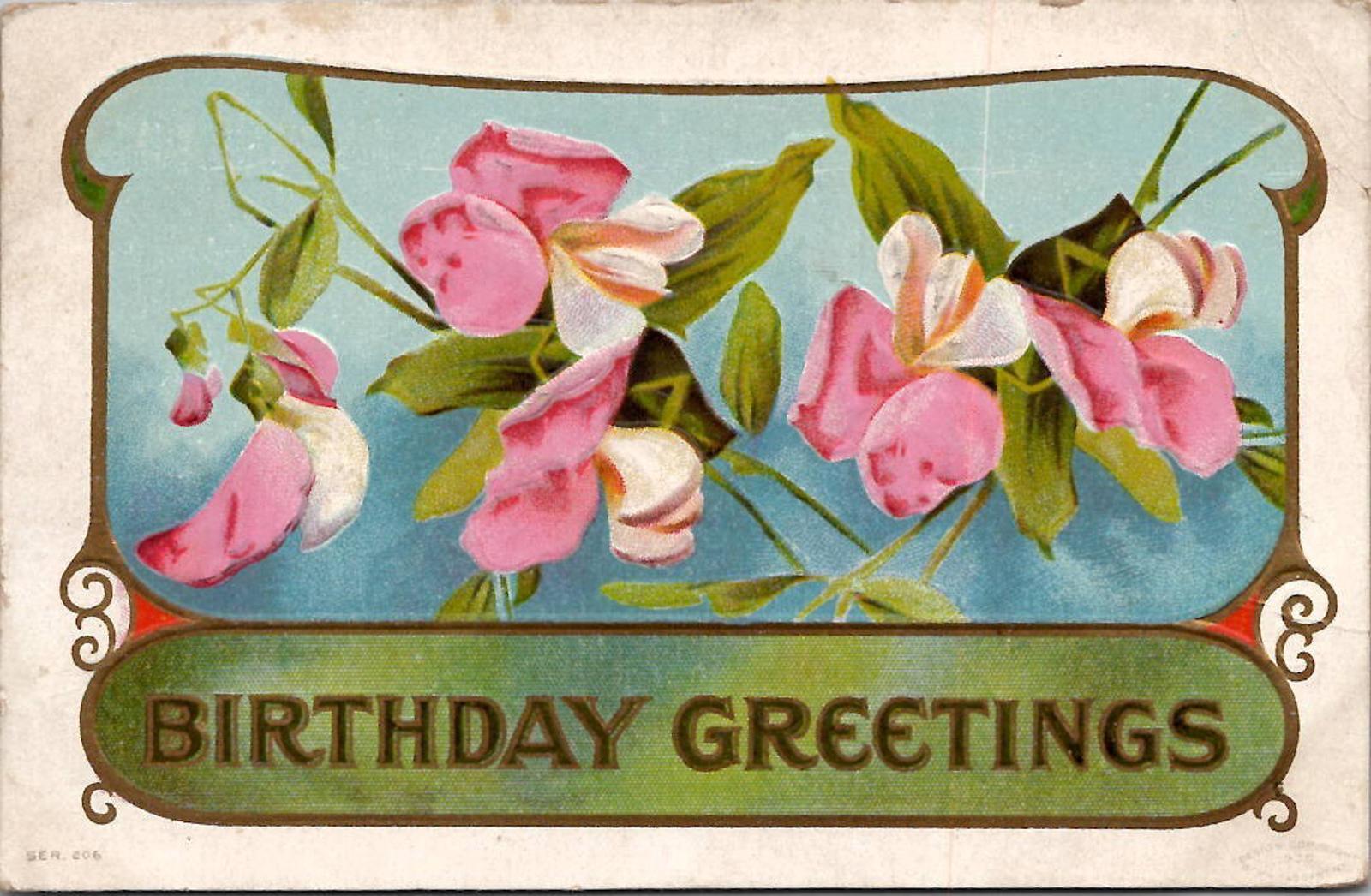 Postcard Birthday Greetings Pink White Flora Ser 20 PM Logansport Ind Mar 4 1910