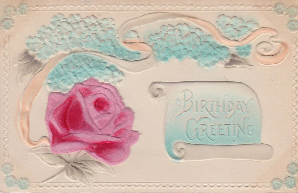 Antique Embossed Birthday Greeting Postcard applied Fabric Pink Rose layered