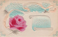 Antique Embossed Birthday Greeting Postcard applied Fabric Pink Rose layered