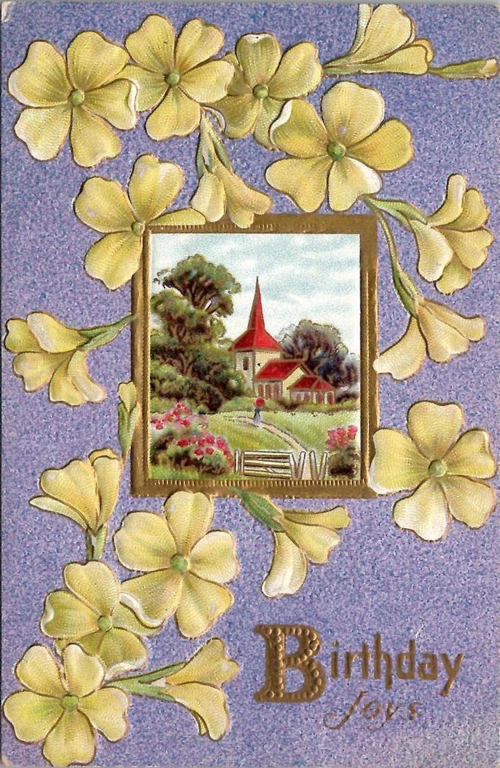 Postcard Birthday Joy Gold Filagree Yellow Flora Landscape Floral Series No 7