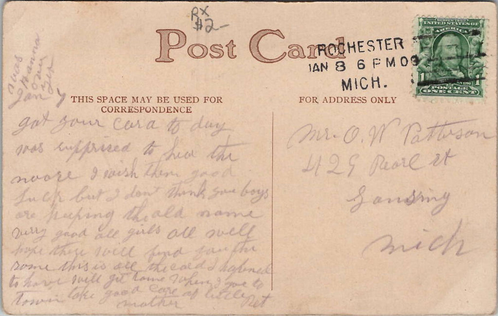 Postcard Tessie Three Red Roses PM Rochester Mich Jan 8 1909