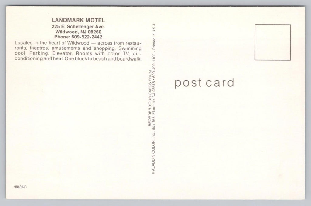Postcard Landmark Motel Located in the Heart of Wildwood New Jersey NOS Aladdin