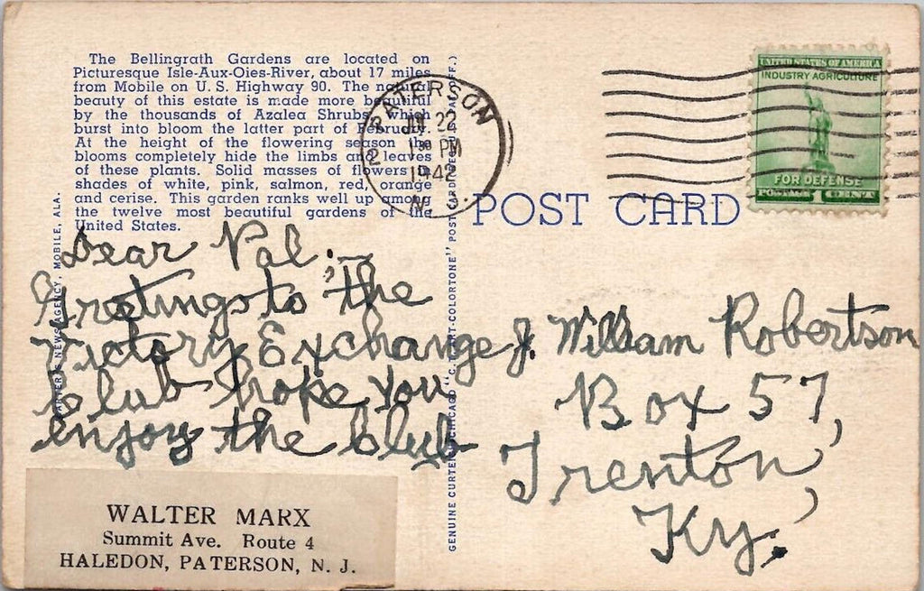 Postcard Scene in Bellingrath Gardens Mobile Ala CurtTeich PM Patterson 1942