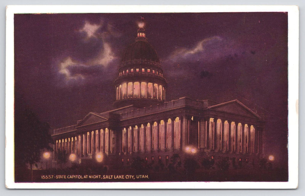 Postcard State Capitol at Night Salt Lake City Utah 15557 White Border Carpenter