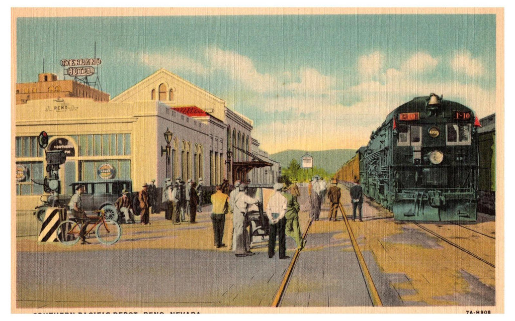 Postcard Curt Teich Linen of Reno Nevada Southern Pacific Depot Railroad Station