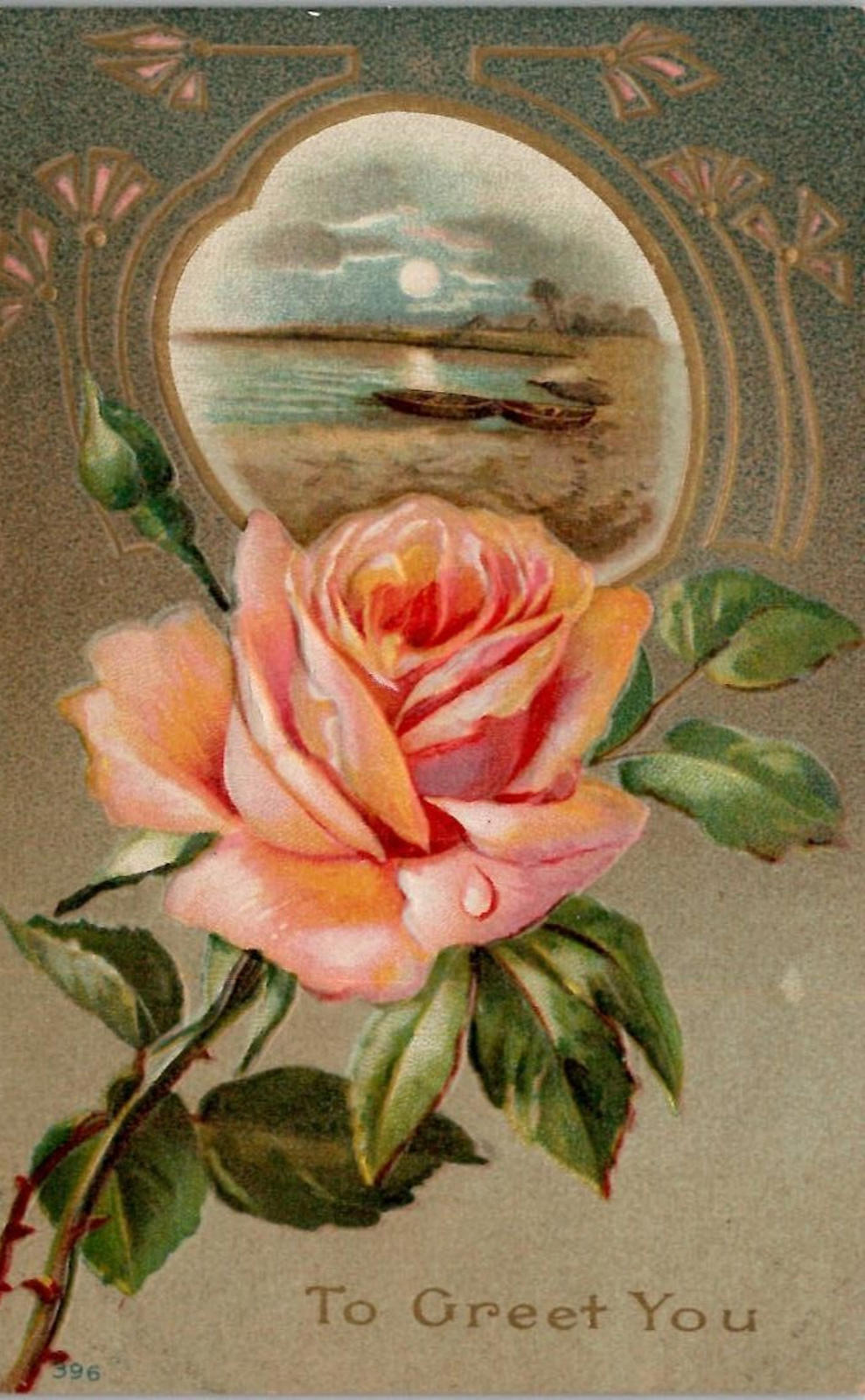Postcard Birthday To Greet You Embossed Rose Moonlight Boats Seascape UNP