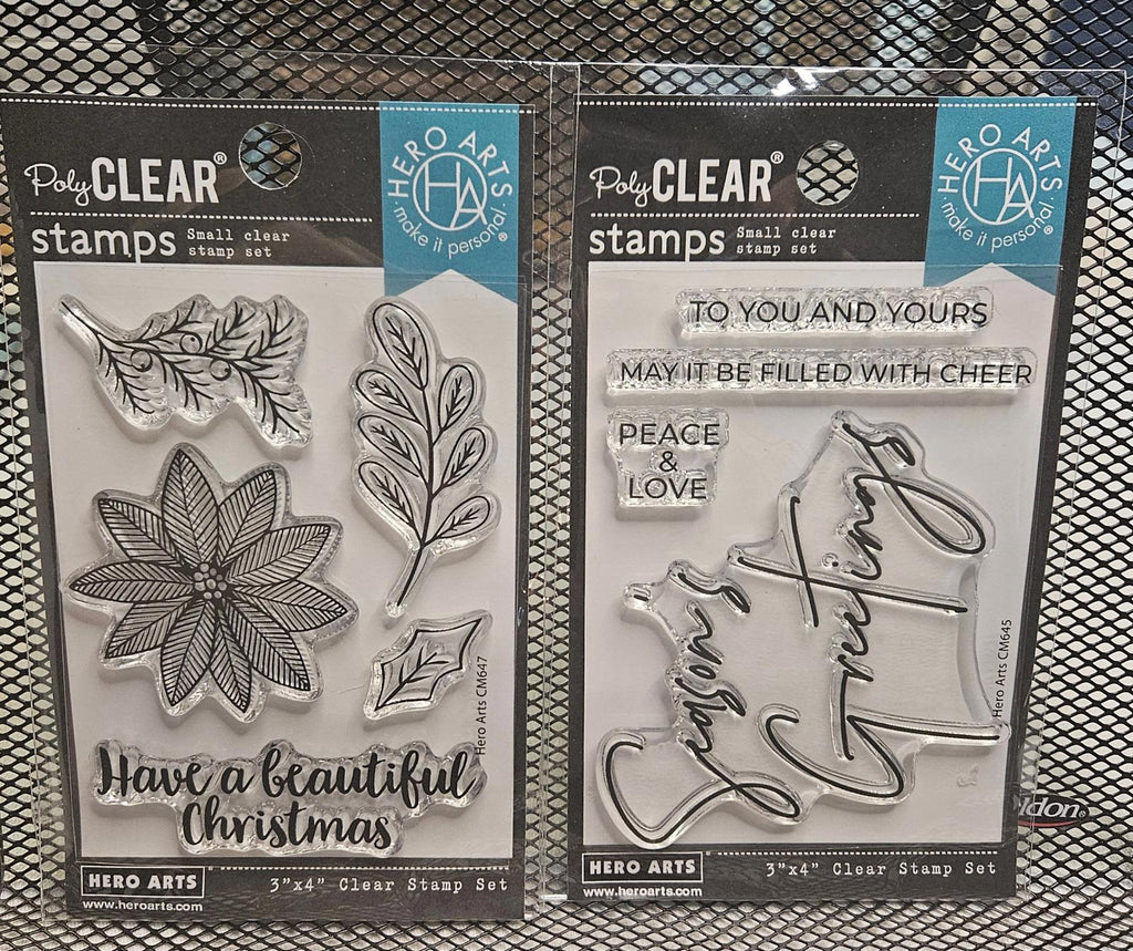 Two Stamp Sets Hero Arts 3x4 Poinsettia Arrangement CM647 Seasons Greeting CM645