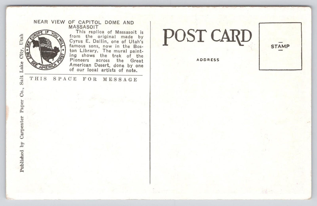 Postcard Interior Utah State Capitol Salt Lake City 15574 White Border Carpenter
