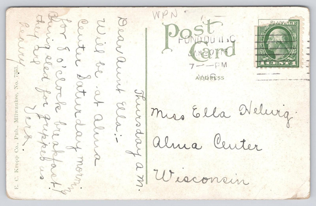 Postcard Lake Side Park Fond du Lac Wis Red Letter EC Kropp PM Jan 20 1946