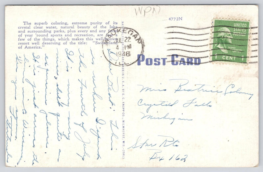 Postcard Municipal Recreation Building Lake Geneva Wis EC Kropp Natural Color