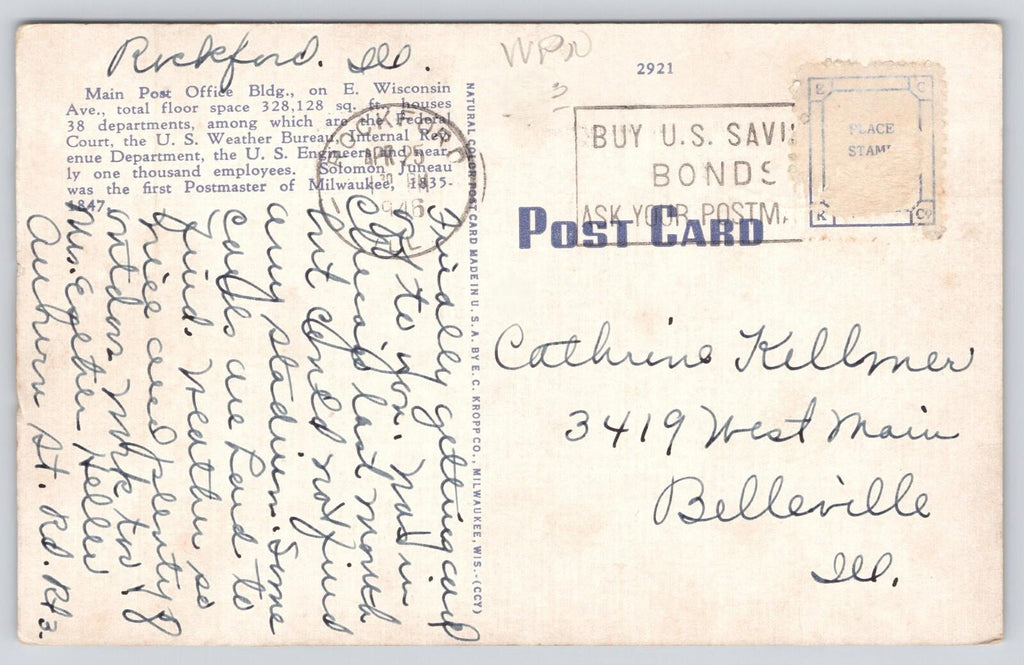 Postcard Main Post Office Milwaukee Wis on E Wisconsin Ave PM Rockford ILL 1946