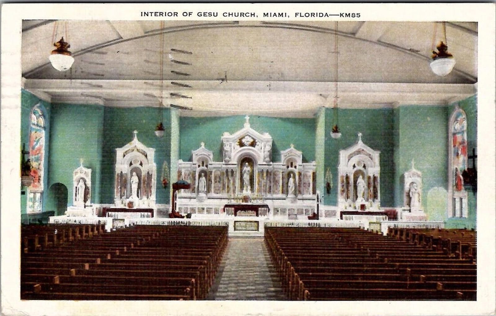 Postcard Interior of Gesu Church Miami Florida KM85 Feb 17 1936 Miami Beach Fla