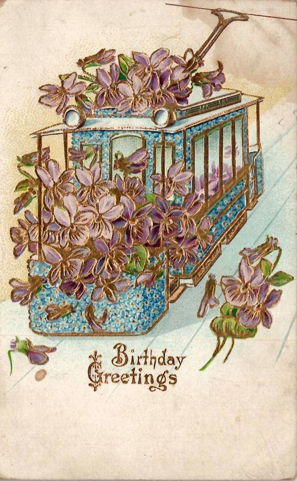 Postcard Birthday Greetings Blue Floral Trolley Car PM Barrington ILL MAR 5 1909