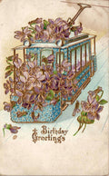 Postcard Birthday Greetings Blue Floral Trolley Car PM Barrington ILL MAR 5 1909