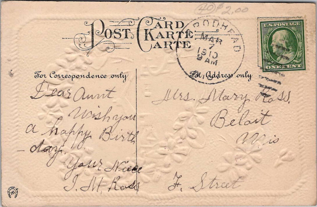 Postcard Loving Birthday Greetings MB Horseshoe PM Brodhead MAR 7 1910