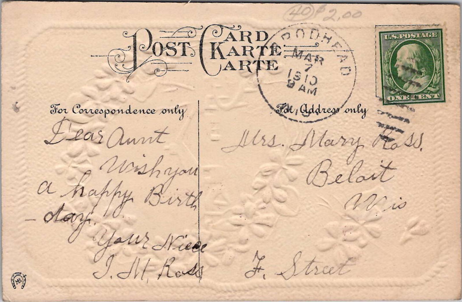 Postcard Loving Birthday Greetings MB Horseshoe PM Brodhead MAR 7 1910